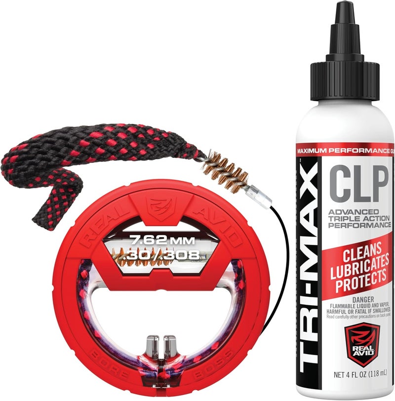 Bore Boss Combo Kits with 4oz CLP - One-Pass Cable Bore Cleaner with Integrated Brush & Mop + CLP - Rifle Shotgun & Handgun Calibers (.30, 9mm/.357/.38, .44/.45, .243, .22, 12 & 20 GA)